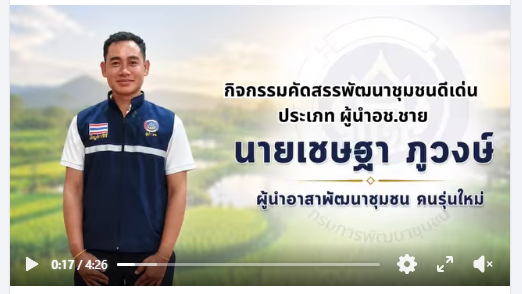คลิป : ประชาสัมพันธ์ผลการดำเนินงาน ผู้นำอช.ชาย นายเชษฐา ภูวงศ์